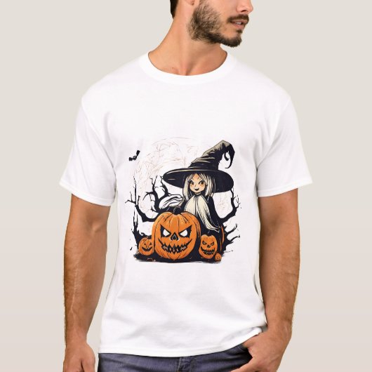 魔女とカボチャの悪魔ハロウィーンTシャツ Tシャツ (正面)