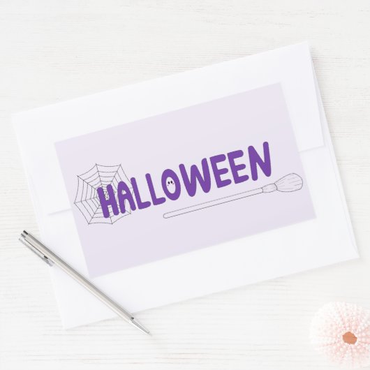 魔女とクモの巣の装飾が施されたハロウィーンのスクリプトデザイン 長方形シール (封筒)