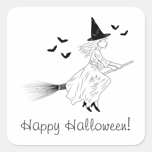 魔女とコウモリの線画ミニマル ハッピー ハロウィン スクエアシール (正面)