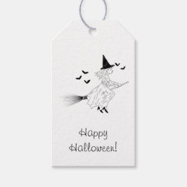 魔女とコウモリの線画 シンプルハッピーハロウィン ギフトタグ