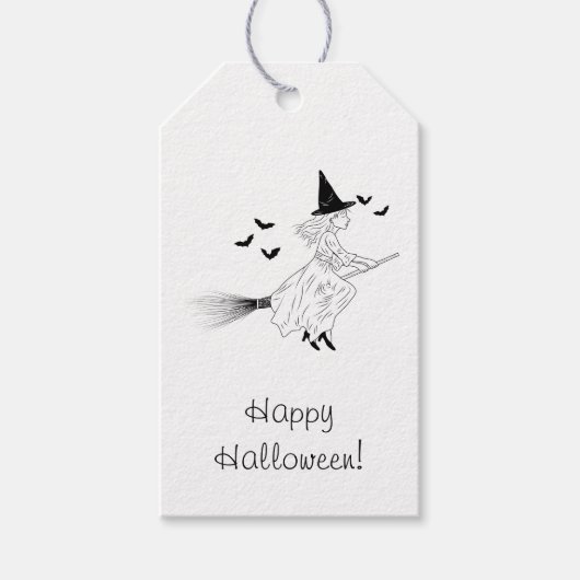 魔女とコウモリの線画 シンプルハッピーハロウィン ギフトタグ (正面)