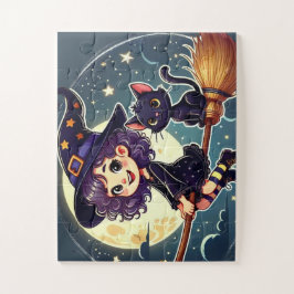 魔女とネコが箒のパズル ジグソーパズル