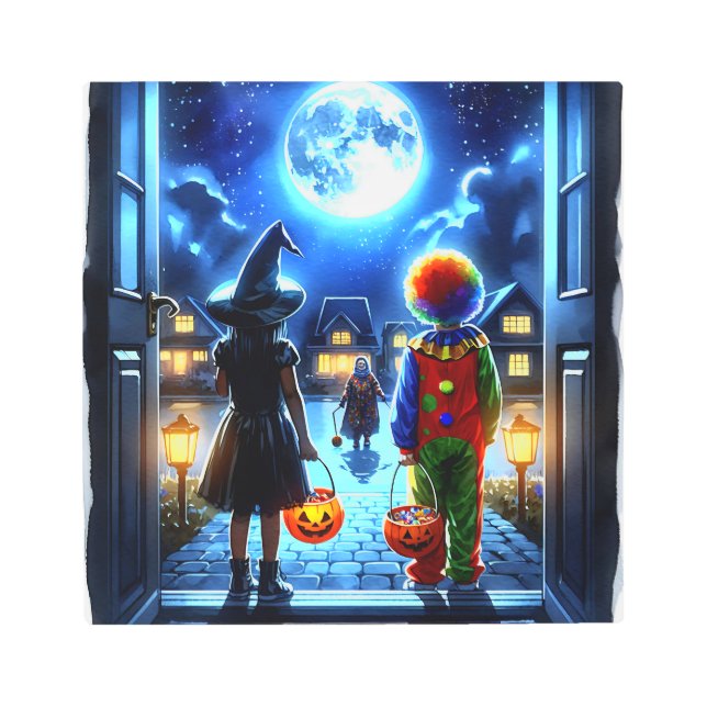 魔女とピエロが怪物ハロウィーンを見て メタルプリント (正面)