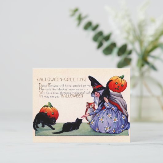 魔女とフクロウと猫のハロウィーンのご挨拶 ポストカード (スタンド正面)