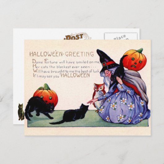魔女とフクロウと猫のハロウィーンのご挨拶 ポストカード (正面/裏面)