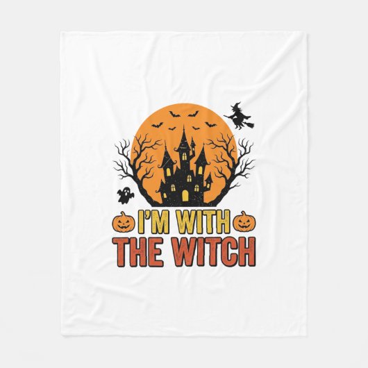 魔女と一緒 ヴィンテージ ハロウィン 城 デザイン フリースブランケット (正面)