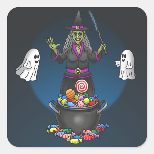 魔女と幽霊のハロウィンパーティーでお菓子をもらおう スクエアシール (正面)