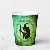 魔女と文字カスタムグリーンブラックハロウィーン 紙コップ (裏面)