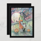 魔女と猫のハロウィンパーティーの招待状 招待状 (正面/裏面)