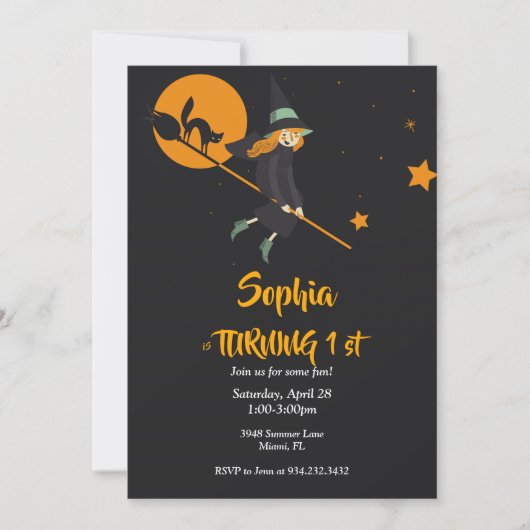 魔女と猫の誕生日カード 招待状 (正面)