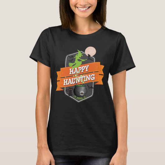 魔女と箒で過ごすハロウィーンの幸せ Tシャツ (正面)