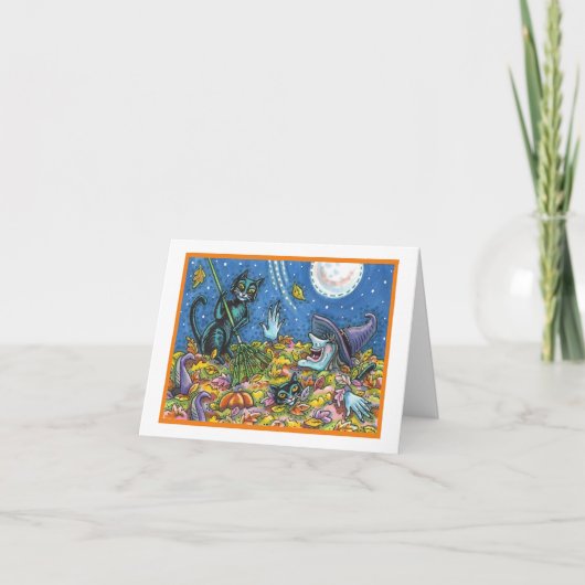 魔女と黒猫がハロウィーン葉カードを掻く カード (正面)