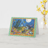 魔女と黒猫がハロウィーン葉カードを掻く カード (黄色い花)