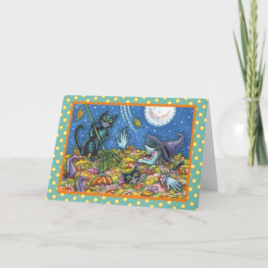 魔女と黒猫がハロウィーン葉カードを掻く カード (正面)