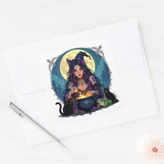 魔女と黒猫とカエルのハロウィン スクエアシール (封筒)