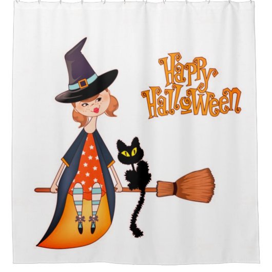 魔女と黒猫のハッピー ハロウィン シャワーカーテン (正面)