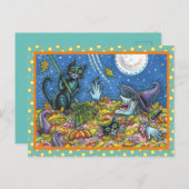 魔女と黒猫のラッキング葉、面白いハロウィーン ポストカード (正面/裏面)