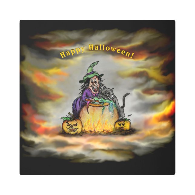 魔女と黒猫ハッピーハローウィン! メタルプリント (正面)