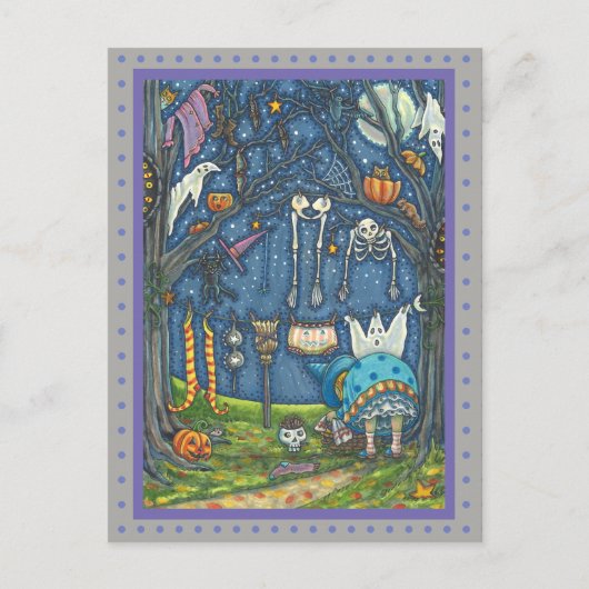 魔女のぶら下がった黒猫、幽霊、スケルトン洗濯 ポストカード (正面)