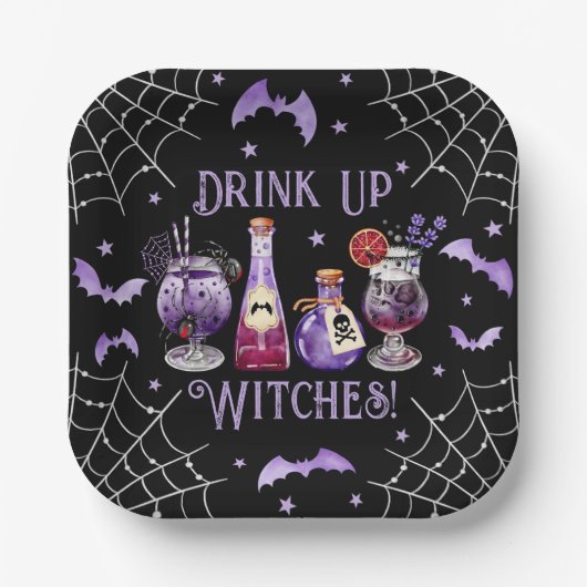 魔女のカクテルとコスチュームのハロウィーンを飲む ペーパープレート (正面)