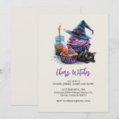 魔女のカップケーキと黒猫、ハロウィン 招待状 (正面/裏面)