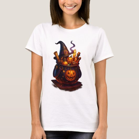 「魔女のカボチャ醸造 – ハロウィーンキャルドロンTシャツ Tシャツ (正面)