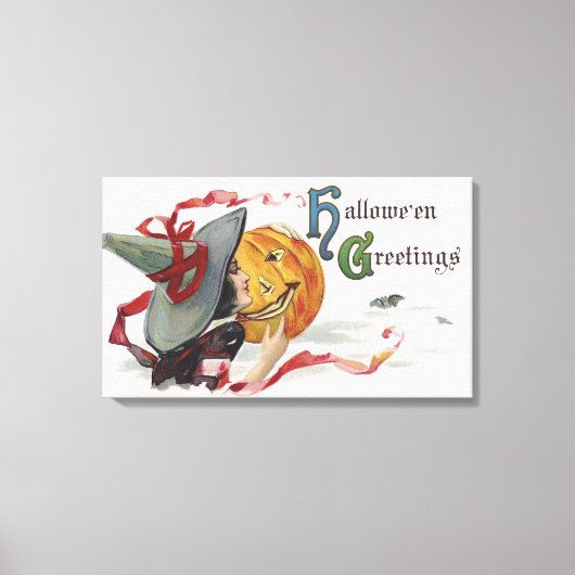 魔女のキス:ハロウィーンのハロウィーンのカボチャのちょうちん キャンバスプリント (正面)