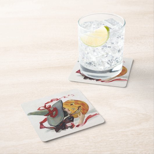 魔女のキス:ハロウィーンのハロウィーンのカボチャのちょうちん スクエアペーパーコースター (インサイチュ)