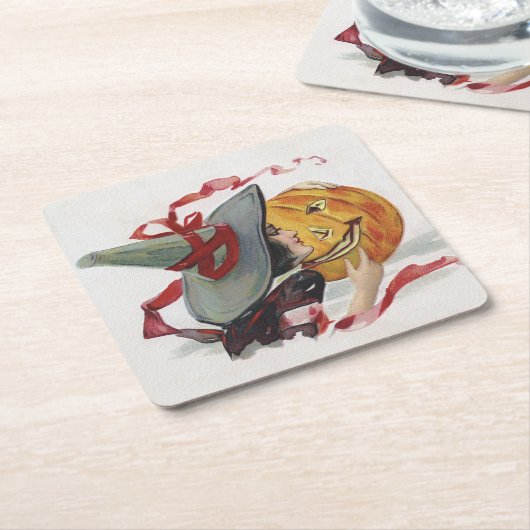 魔女のキス:ハロウィーンのハロウィーンのカボチャのちょうちん スクエアペーパーコースター (アングル)