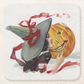 魔女のキス:ハロウィーンのハロウィーンのカボチャのちょうちん スクエアペーパーコースター (正面)