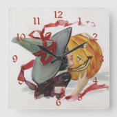 魔女のキス：ハロウィーンのハロウィーンのカボチャのちょうちん スクエア壁時計 (正面)