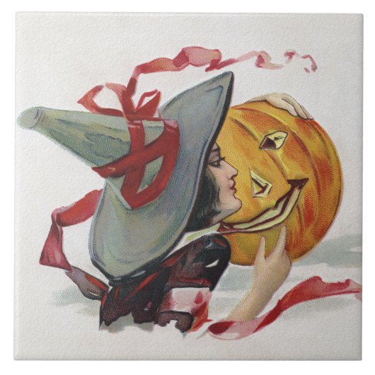 魔女のキス：ハロウィーンのハロウィーンのカボチャのちょうちん タイル (正面)