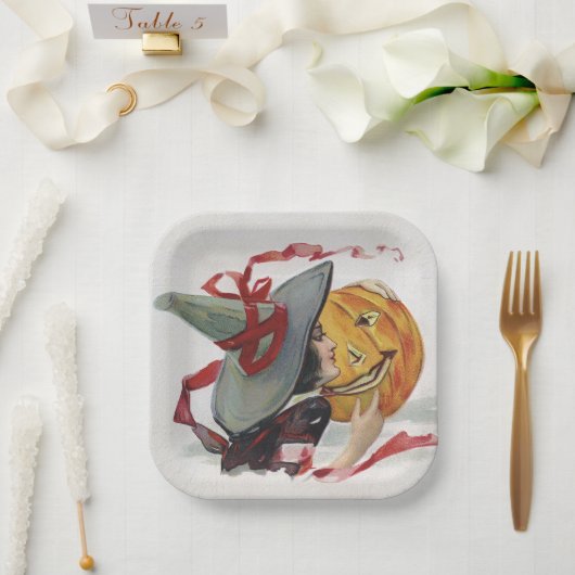 魔女のキス：ハロウィーンのハロウィーンのカボチャのちょうちん ペーパープレート (ウェディング)