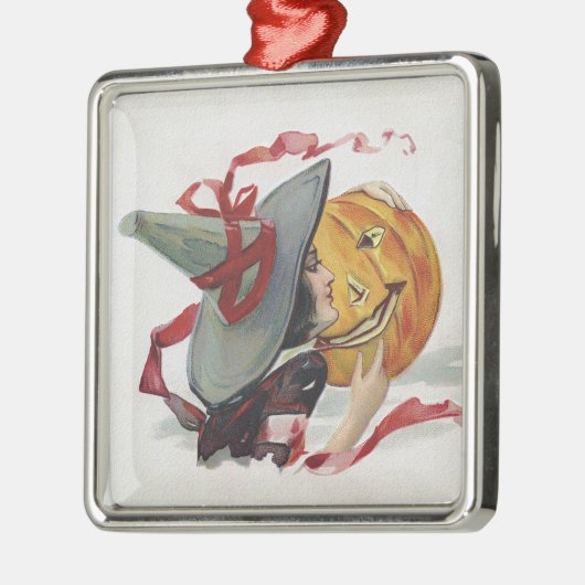 魔女のキス:ハロウィーンのハロウィーンのカボチャのちょうちん メタルオーナメント (左)