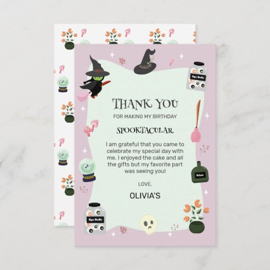 魔女のキュートなグリーンハロウィン誕生日 サンキューカード (正面/裏面)
