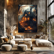 魔女のコテージハロウィンとジャック白熱［赤熱］光を放つ