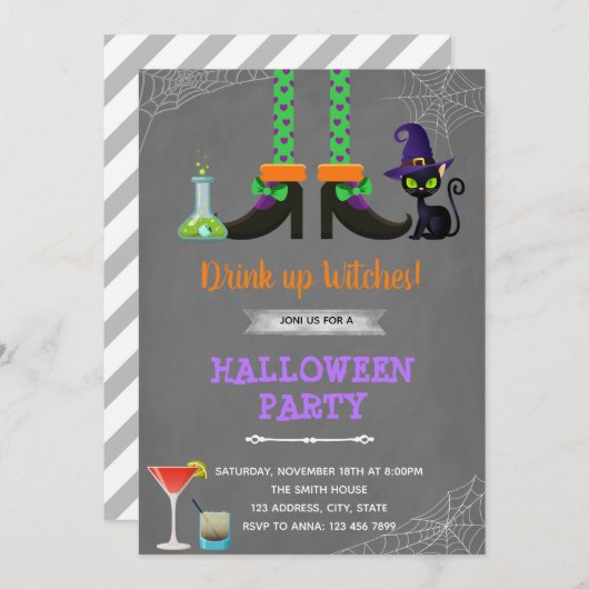 魔女のハロウィーンの招待状を飲む サンキューカード (正面/裏面)