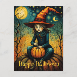 魔女の女はカボチャのハロウィンの上に座る ポストカード