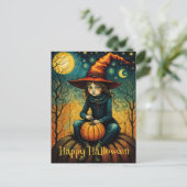 魔女の女はカボチャのハロウィンの上に座る ポストカード (スタンド正面)
