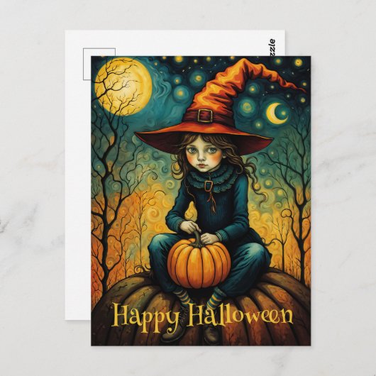 魔女の女はカボチャのハロウィンの上に座る ポストカード (正面/裏面)
