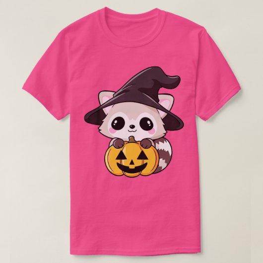 魔女の帽子とカボチャの可愛いハロウィーンのラクーン Tシャツ (デザイン正面)