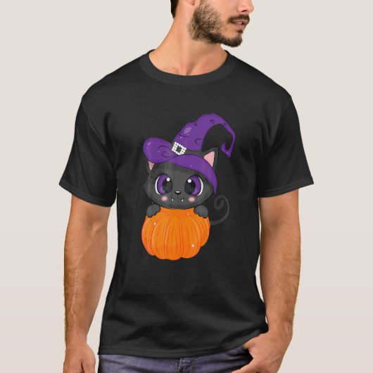 魔女の帽子とカボチャの猫 Tシャツ (正面)