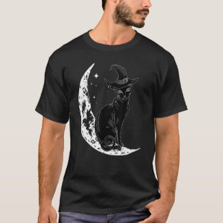魔女の帽子と月を身に着けた黒猫のハロウィンコスチューム Tシャツ