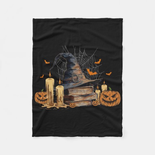 魔女の帽子と魔法の本の不気味な図書館のハロウィン フリースブランケット (正面)