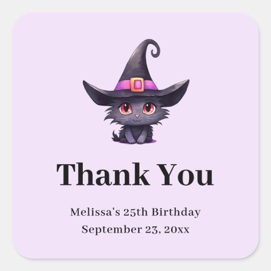 魔女の帽子にかわいい黒猫ありがとうパーティー スクエアシール (正面)