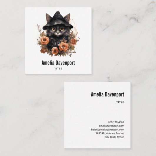 魔女の帽子にかわいい黒猫 スクエア名刺 (正面/裏面)