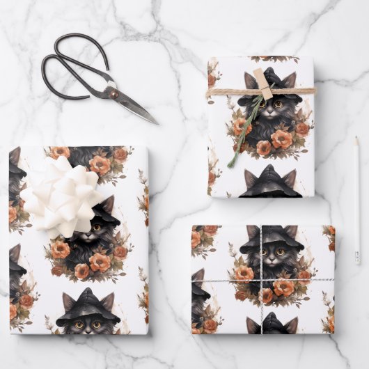 魔女の帽子にかわいい黒猫 ラッピングペーパーシート (正面)