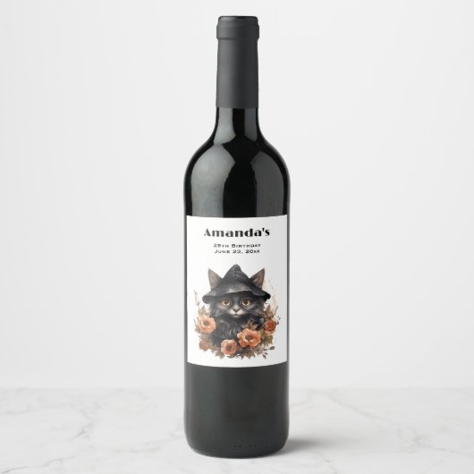 魔女の帽子にかわいい黒猫 ワインラベル (正面)