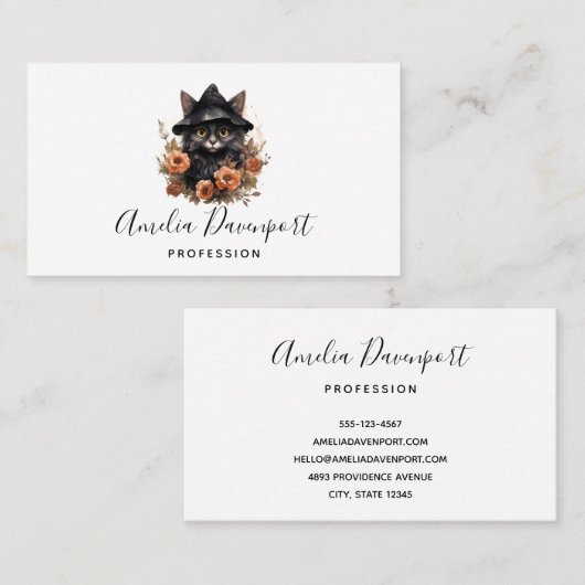 魔女の帽子にかわいい黒猫 名刺 (正面/裏面)