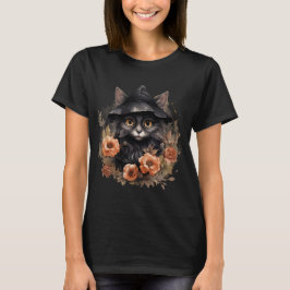 魔女の帽子にかわいい黒猫 Tシャツ